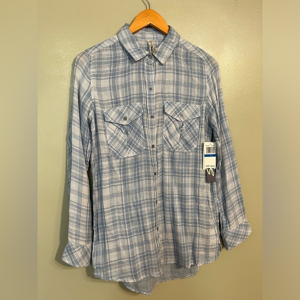 Seven7 Womens Blue Western Style Roll Top Sleeves gauzy 100% Cotton Shirt XS